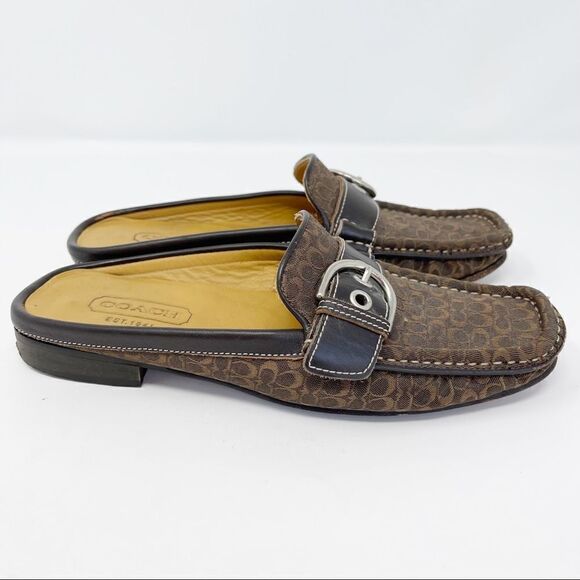 Coach Backless Loafers Erika Square Toe Monogrammed Brown Mule Size 5 - Picture 1 of 8
